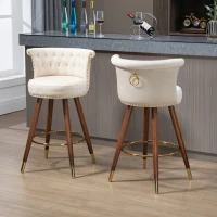 Ensemble de 2 tabourets de bar en velours clouté, pieds en bois pour Cuisine et Salle à Manger, assie enveloppante, Ivoire(m-9)