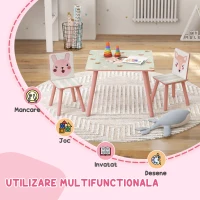 ZONEKIZ Set masa si scaun 3 piese pentru copii lemn de pin cu desene animale roz pentru scoala mobilier camera copilului birou pentru copii mici(m-4)