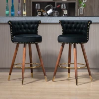 Set di 2 Sgabelli da Bar Girevoli a 360° in Velluto con Design a Borchie e Gambe in Legno per Cucina e Sala da Pranzo, Nero(m-9)