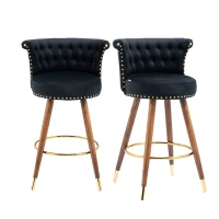 Set di 2 Sgabelli da Bar Girevoli a 360° in Velluto con Design a Borchie e Gambe in Legno per Cucina e Sala da Pranzo, Nero(m-7)