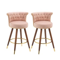 Ensemble de 2 tabourets de bar en velours clouté, pieds en bois pour Cuisine et Salle à Manger, assie enveloppante, Rose(m-2)