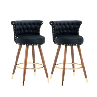 Set di 2 Sgabelli da Bar Girevoli a 360° in Velluto con Design a Borchie e Gambe in Legno per Cucina e Sala da Pranzo, Nero(m-2)