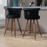 Set di 2 Sgabelli da Bar Girevoli a 360° in Velluto con Design a Borchie e Gambe in Legno per Cucina e Sala da Pranzo, Nero(m-1)