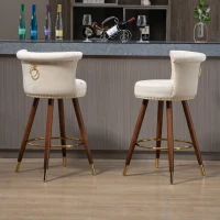 Ensemble de 2 tabourets de bar en velours clouté, pieds en bois pour Cuisine et Salle à Manger, assie enveloppante, Ivoire(m-10)