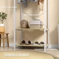 HOMCOM Porte-Manteaux avec tringle et 2 étagère à chaussures 60L x 40l x 167,5H cm Aspect bois Clair métal Blanc(m-5)