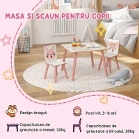 ZONEKIZ Set masa si scaun 3 piese pentru copii lemn de pin cu desene animale roz pentru scoala mobilier camera copilului birou pentru copii mici(m-7)