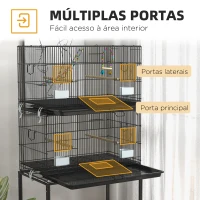 PawHut Gaiola Dupla e Empilhável para Pássaros 77x46x164 cm com Rodas Poleiros Bandeja Amovível Comedouros Baloiço e Escada Preto(m-5)