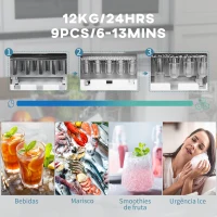 HOMCOM Máquina de Fazer Gelo Silenciosa com Produção de 12 kg em 24 Horas 9 Cubos de Gelo em 6-13 Minutos 22,8x30,3x29 cm Branco(m-4)