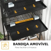 PawHut Gaiola Dupla e Empilhável para Pássaros 77x46x164 cm com Rodas Poleiros Bandeja Amovível Comedouros Baloiço e Escada Preto(m-4)