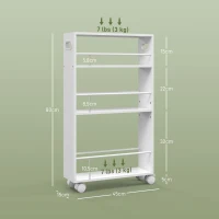 HOMCOM Estante de Casa de Banho com Rodas Carrinho Auxiliar de 3 Níveis com Barras Laterais e Alças 45x15x80 cm Branco(m-3)
