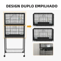 PawHut Gaiola Dupla e Empilhável para Pássaros 77x46x164 cm com Rodas Poleiros Bandeja Amovível Comedouros Baloiço e Escada Preto(m-7)