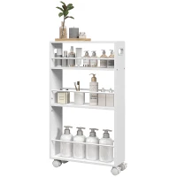 HOMCOM Estante de Casa de Banho com Rodas Carrinho Auxiliar de 3 Níveis com Barras Laterais e Alças 45x15x80 cm Branco(m-11)