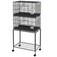 PawHut Gaiola Dupla e Empilhável para Pássaros 77x46x164 cm com Rodas Poleiros Bandeja Amovível Comedouros Baloiço e Escada Preto(m-11)