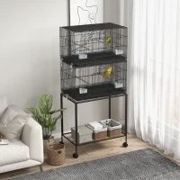 PawHut Gaiola Dupla e Empilhável para Pássaros 77x46x164 cm com Rodas Poleiros Bandeja Amovível Comedouros Baloiço e Escada Preto(m-2)