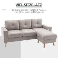 HOMCOM Sofa narożna 3-osobowa, w wyglądzie lnu, Chaiselongue odwracalne, 193x136x85 cm, Jasnoszary(m-5)