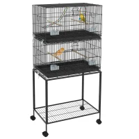 PawHut Gaiola Dupla e Empilhável para Pássaros 77x46x164 cm com Rodas Poleiros Bandeja Amovível Comedouros Baloiço e Escada Preto(m-10)