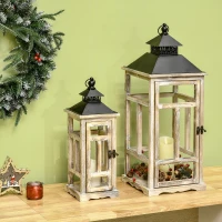 HOMCOM Conjunto de 2 Lanternas de Jardim 76/54cm Lanternas Decorativos de Metal e Madeira Estilo Vintage Madeira e Preto(m-2)