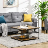 HOMCOM Coffee Table, Living Room Table with 3-Tier Storage Shelves, Square Tea Table for Home Office, Rustic Brown(m-10)