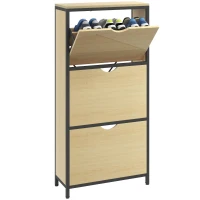 HOMCOM Dulap Îngust pentru Pantofi cu 3 Sertare Flip, Dulap Subțire cu Rafturi Reglabile, 60x24x124 cm, Lemn Natural(m-1)