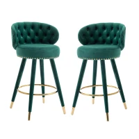 Set di 2 Sgabelli da Bar in Velluto con Schienale, Rotazione a 360° e Gambe in Legno per Casa, Cucina, e Ristoranti, Smeraldo(m-2)