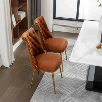 Chaise de salle à manger en velours, lot de 2, dossier haut avec dossier bouclé et pieds en métal doré, pour salon, salle à manger, cuisine, Marron(m-6)