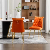 Chaise de salle à manger en velours, lot de 2, dossier haut avec dossier bouclé et pieds en métal doré, pour salon, salle à manger, cuisine, Orange(m-4)