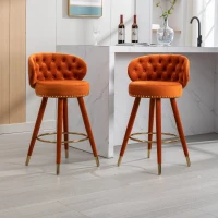 Set di 2 Sgabelli da Bar in Velluto con Schienale, Rotazione a 360° e Gambe in Legno per Casa, Cucina, e Ristoranti, Arancione(m-1)