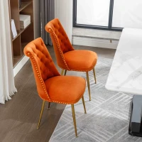 Chaise de salle à manger en velours, lot de 2, dossier haut avec dossier bouclé et pieds en métal doré, pour salon, salle à manger, cuisine, Orange(m-6)
