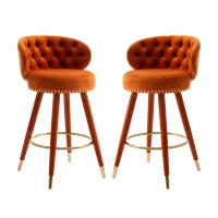 Set di 2 Sgabelli da Bar in Velluto con Schienale, Rotazione a 360° e Gambe in Legno per Casa, Cucina, e Ristoranti, Arancione(m-2)