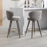 Set di 2 Sgabelli da Bar in Velluto con Schienale, Rotazione a 360° e Gambe in Legno per Casa, Cucina, e Ristoranti, Grigio(m-7)