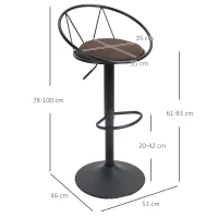 HOMCOM Set 2 Sgabelli da Bar Girevoli con Schienale e Poggiapiedi in Metallo, Altezza Regolabile e Seduta Imbottita per Soggiorno e Cucina , Marrone 51x46x78-100cm(m-3)