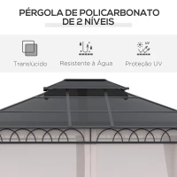 Outsunny Pérgola de Jardim 3,6x3m com Teto Duplo de Policarbonato 4 Cortinas Laterais Mosquiteiras com Zíper Preto Cinza e Cáqui(m-4)