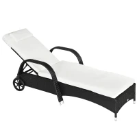 Outsunny Espreguiçadeira de Vime Jardim Espreguiçadeira com Encosto Ajustável em 5 Posições Almofadas Acolchoadas Apoio para a Cabeça e 2 Rodas 200x73x56-103cm Preto e Bege(m-11)