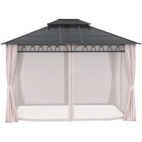 Outsunny Pérgola de Jardim 3,6x3m com Teto Duplo de Policarbonato 4 Cortinas Laterais Mosquiteiras com Zíper Preto Cinza e Cáqui(m-11)
