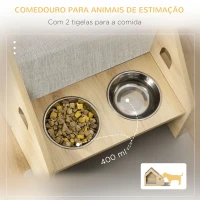 PawHut Casa para Cães de Madeira Casa de Interior para Cães com Comedouro 2 Tigelas de Aço Inoxidável e Almofada Suave Removível 62x40x54cm Carvalho e Cinza(m-5)
