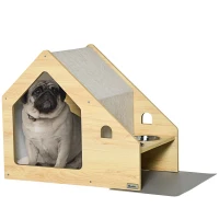 PawHut Casa para Cães de Madeira Casa de Interior para Cães com Comedouro 2 Tigelas de Aço Inoxidável e Almofada Suave Removível 62x40x54cm Carvalho e Cinza(m-10)
