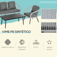 Outsunny Conjunto de Móveis de Vime Conjunto de Móveis de Jardim 4 Peças Mesa de Centro de Alumínio Sofá 3 Lugares e 2 Poltronas com Almofadas para Terraço Exterior Cinza(m-4)