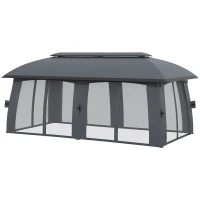 Outsunny Pérgola de Jardim 3x6m com Teto Duplo com 6 Telas Mosquiteiras Zíper e Estrutura de Metal Cinza Escuro(m-11)
