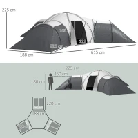 Outsunny Kampeertent voor 6-9 personen, 4 kamers, voortent, waterdicht, 615x 615x225cm, Grijs(m-3)