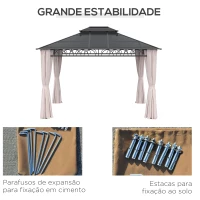 Outsunny Pérgola de Jardim 3,6x3m com Teto Duplo de Policarbonato 4 Cortinas Laterais Mosquiteiras com Zíper Preto Cinza e Cáqui(m-7)