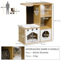 PawHut Casa para Gatos de Madeira com 2 Cavernas Arranhador Rede e Almofadas de Pélucia 76x37x92,5 cm Carvalho e Branco(m-3)