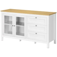 HOMCOM Aparador para Sala de Estar com 2 Portas de Vidro 3 Gavetas e Prateleira Ajustável para Cozinha Sala de Jantar 120x40x70 cm Branco e Madeira(m-11)