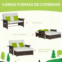 Outsunny Sofá de Vime de 2 Lugares com Mesas Laterais e Apoio para os Pés com Armazenamento Sofá de Jardim com Encosto Inclinável e Almofadas com Capas Removíveis 130x72x96cm Marrom e Bege(m-5)