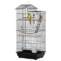 PawHut Gaiola para Passáros Gaiola de Metal com Múltiplas Portas 4 Comedouros 3 Poleiros Baloiço Escadas e Bandeja Removível para Periquitos Canários 46x36x100cm Preto(m-11)