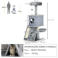 PawHut Árvore Arranhador para Gatos Altura com Cama Caverna Rede Bola Suspensa Postes e Rampa de Sisal 50x40x111cm Cinza(m-3)