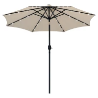 Outsunny Chapéu de Sol de Jardim Ø270x240cm com 24 Luzes LED Solar Mecanismo de Inclinação Manivela e Mastro Desmontável de Metal para Terraço Piscina Pátio Creme(m-11)
