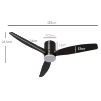 HOMCOM Ventoinha de Teto com Luz 46W Ø132 cm com 3 Lâminas Reversíveis Controlo Remoto 6 Velocidades e Temporizador Preto(m-3)