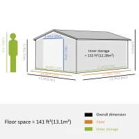 Outsunny Garden Shed Storage 12ft x 11ft Large Steel Metal Storage Shed Sliding doors Green(m-3)