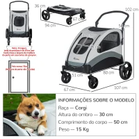 PawHut Carrinho para Animais de Estimação Dobrável com 5 Janelas Transpiráveis 2 Portas Bolso de Armazenamento Cinto de Segurança e Freios Tecido Oxford 107x67x102cm Cinza(m-3)