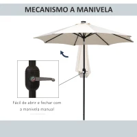 Outsunny Chapéu de Sol de Jardim Ø270x240cm com 24 Luzes LED Solar Mecanismo de Inclinação Manivela e Mastro Desmontável de Metal para Terraço Piscina Pátio Creme(m-7)